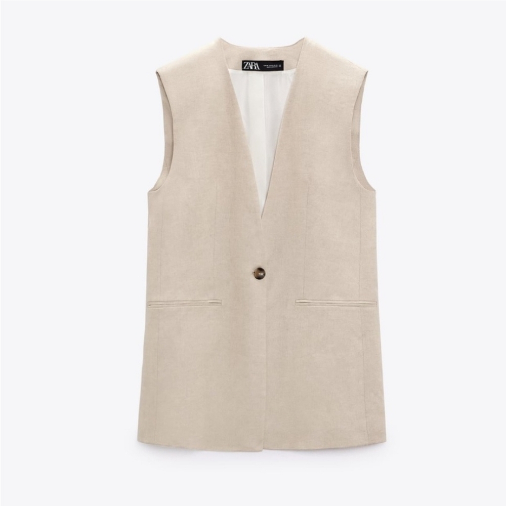 Zara 100% LINEN VEST LONG Beige Size S New - Picture 5 of 11